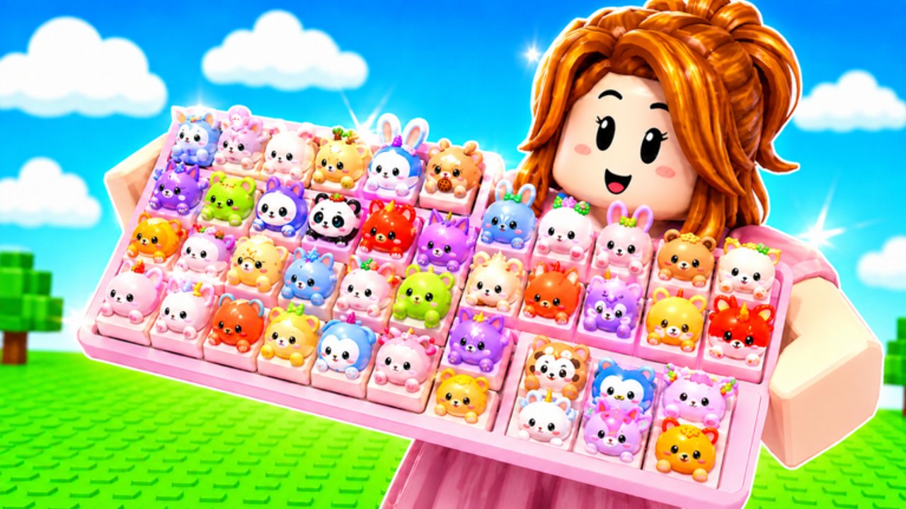 Roblox avatar holding a pink Custom Keyboards board packed with colorful animal keycaps under a bright sky.