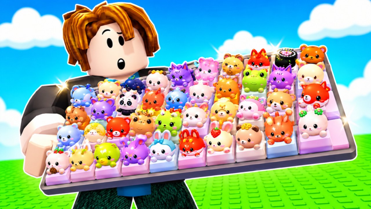 Roblox avatar presenting a filled Custom Keyboards layout of cute animal keycaps on a grassy plot.